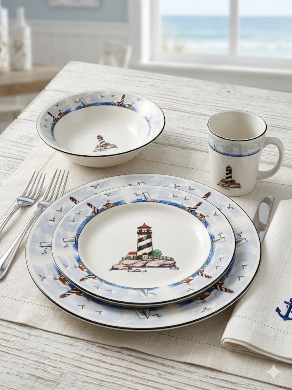 Coastal Nautical Lighthouse Dinnerware Set of 4 in White & Blue